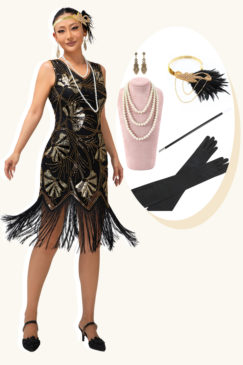 Sparkly Black Golden Sequins Fringed Short Flapper Dress with 20s Accessories Set