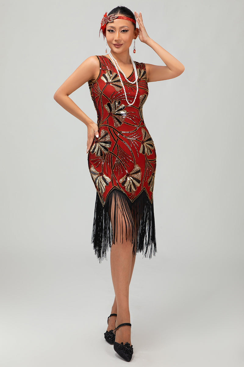 Load image into Gallery viewer, Sparkly Red Golden Sequins Fringed Flapper Dress with with 20s Accessories Set