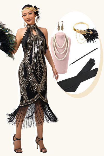 Sparkly Black Golden Halter Bodycon Sequins Flapper Dress with 20s Accessories Set