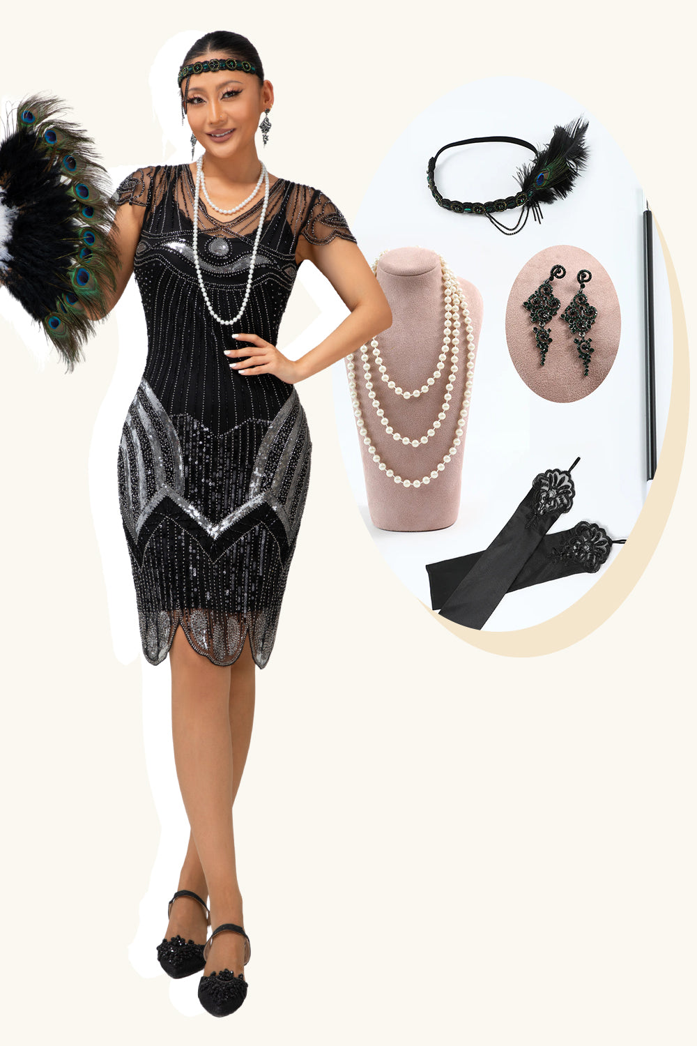 Sparkly Black Silver Beaded Bodycon Flapper Dress with 20s Accessories Set
