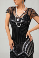 Load image into Gallery viewer, Sparkly Black Silver Beaded Bodycon Flapper Dress with 20s Accessories Set