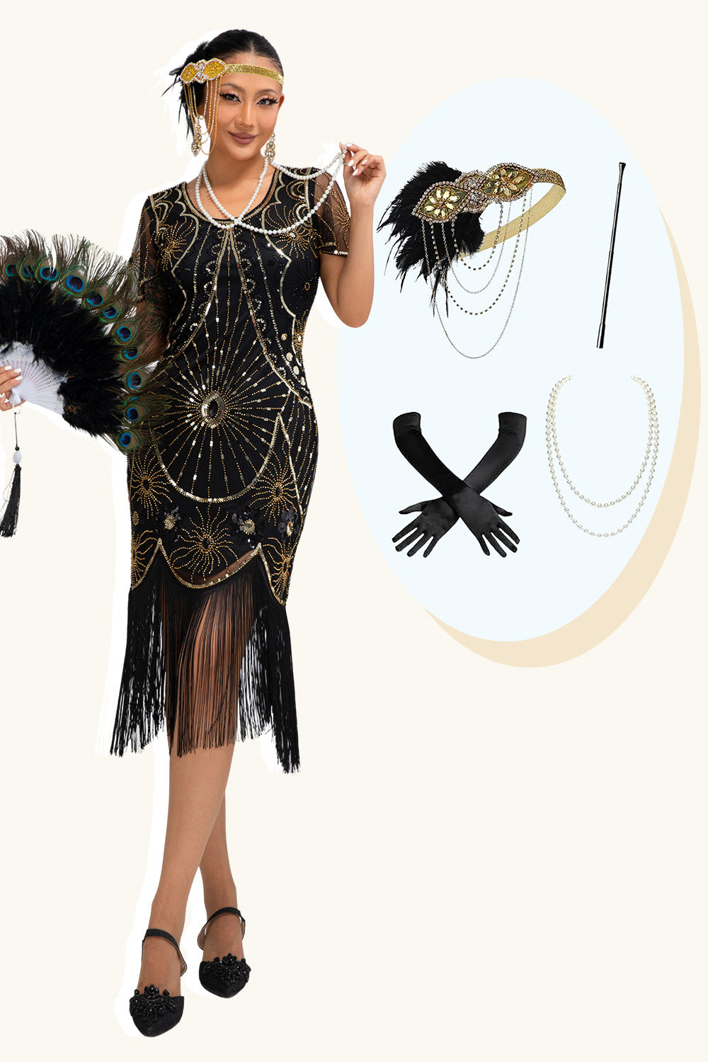 Sparkly Black Golden Fringed Round Neck Flapper Dress with 20s Accessories Set