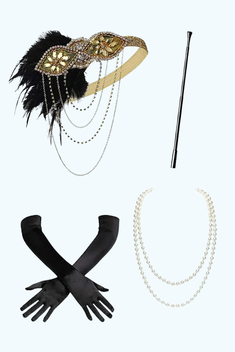 Load image into Gallery viewer, Sparkly Black Golden Fringed Round Neck Flapper Dress with 20s Accessories Set