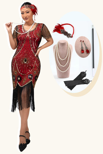 Sparkly Black Red Fringed Short Sleeves Flapper Dress with 20s Accessories Set