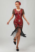 Load image into Gallery viewer, Sparkly Black Red Fringed Short Sleeves Flapper Dress with 20s Accessories Set