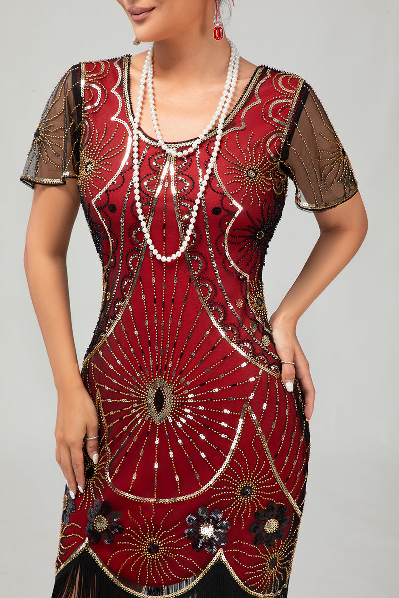 Load image into Gallery viewer, Sparkly Black Red Fringed Short Sleeves Flapper Dress with 20s Accessories Set