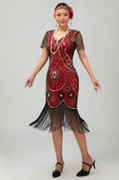 Load image into Gallery viewer, Sparkly Black Red Fringed Short Sleeves Flapper Dress with 20s Accessories Set