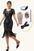 Load image into Gallery viewer, Sparkly Black Silver Sequins Short Sleeves Flapper Dress with 20s Accessories Set