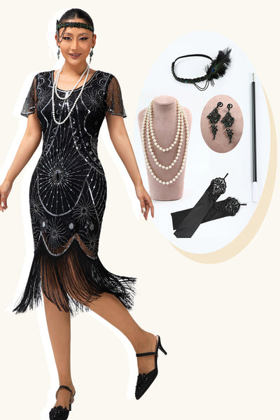 Sparkly Black Silver Sequins Short Sleeves Flapper Dress with 20s Accessories Set