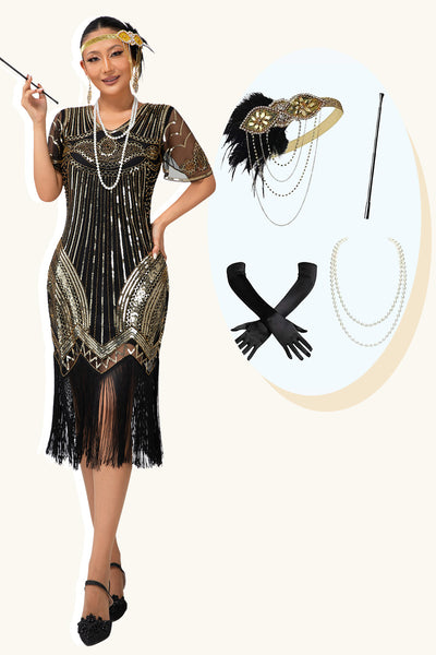 Sparkly Black Golden V-Neck Fringed Sequins Flapper Dress with 20s Accessories Set