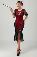 Load image into Gallery viewer, Sparkly Black Red Fringed Bodycon Flapper Dress with 20s Accessories Set
