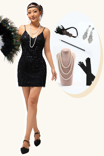 Sparkly Black Sequins Tight Short Flapper Dress with 20s Accessories Set