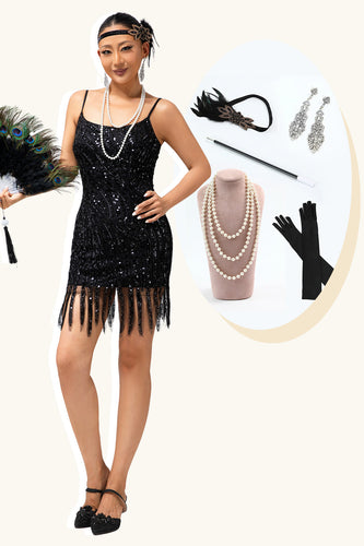 Sparkly Black Tight Fringed Sequins Short Flapper Dress with 20s Accessories Set
