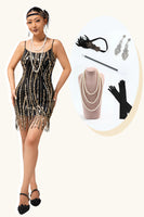 Load image into Gallery viewer, Sparkly Black Golden Spaghetti Straps Sequins Tight Flapper Dress with 20s Accessories Set