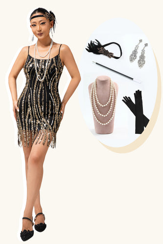 Sparkly Black Golden Spaghetti Straps Sequins Tight Flapper Dress with 20s Accessories Set