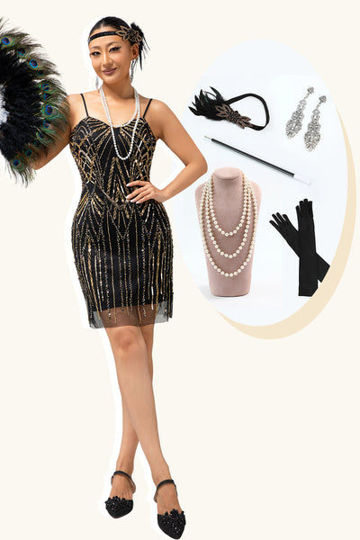 Sparkly Black Golden Tight Sequins Spaghetti Straps Flapper Dress with 20s Accessories Set