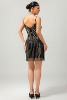 Load image into Gallery viewer, Sparkly Black Golden Tight Sequins Spaghetti Straps Flapper Dress with 20s Accessories Set