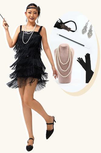 Sparkly Black Fringed Tight Short Flapper Dress with 20s Accessories Set