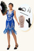 Load image into Gallery viewer, Sparkly Royal Blue Sequins V-Neck Fringed Short Flapper Dress with 20s Accessories Set