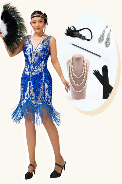 Sparkly Royal Blue Sequins V-Neck Fringed Short Flapper Dress with 20s Accessories Set