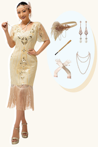 Sparkly Apricot Fringed Bodycon Flapper Dress with 20s Accessories Set