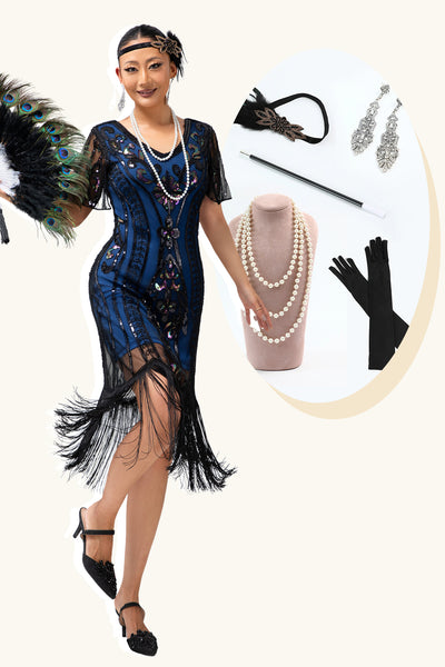 Sparkly Black Blue Fringed V-Neck Short Sleeves Flapper Dress with 20s Accessories Set