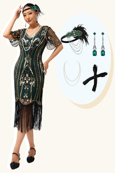 Sparkly Dark Green Sheath Fringed V-Neck Flapper Dress with 20s Accessories Set
