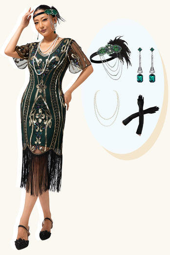 Sparkly Dark Green Sheath Fringed V-Neck Flapper Dress with 20s Accessories Set