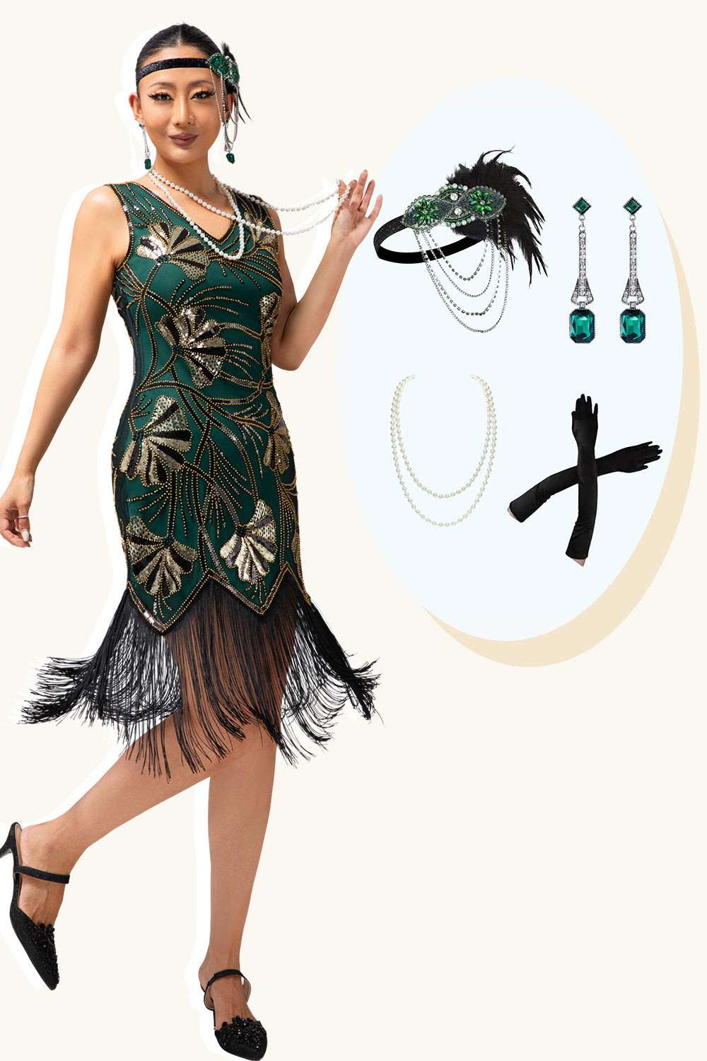 Sparkly Green Golden Sheath Fringed Sequins Short Flapper Dress with 20s Accessories Set