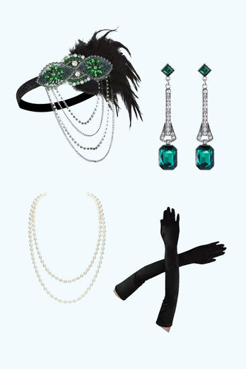 Sparkly Green Golden Sheath Fringed Sequins Short Flapper Dress with 20s Accessories Set