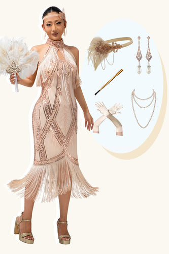 Sparkly Champagne Halter Bodycon Flapper Dress with 20s Accessories Set