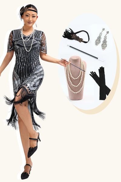 Sparkly Black Silver Fringed Sequins Short Sleeves Flapper Dress with 20s Accessories Set