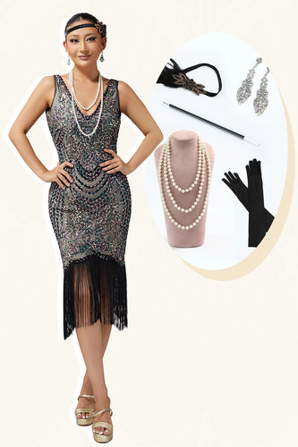 Sparkly Black Apricot Fringed Beaded 1920s Flapper Dress with 20s Accessories Set