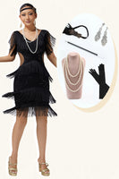 Load image into Gallery viewer, Sparkly Black Fringed Cut Out Short Flapper Dress with 20s Accessories Set