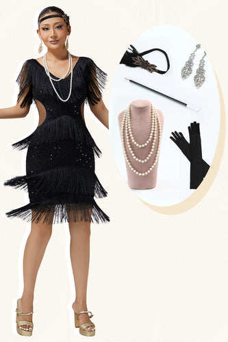 Sparkly Black Fringed Cut Out Short Flapper Dress with 20s Accessories Set