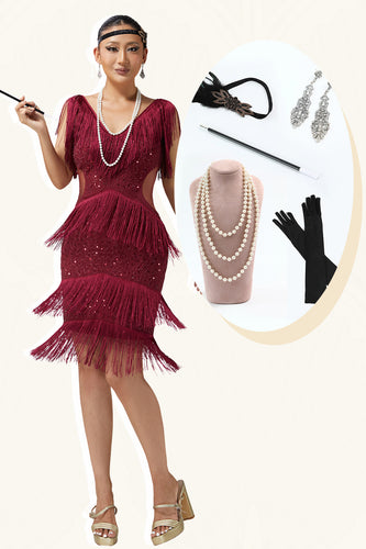 Sparkly Burgundy Fringed Sequins V-Neck Flapper Dress with 20s Accessories Set