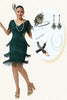 Load image into Gallery viewer, Sparkly Dark Green Beaded V-Neck Fringed Flapper Dress with 20s Accessories Set