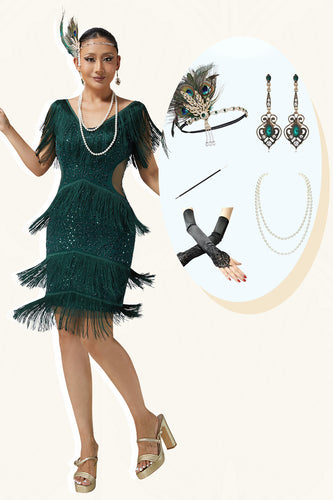 Sparkly Dark Green Beaded V-Neck Fringed Flapper Dress with 20s Accessories Set