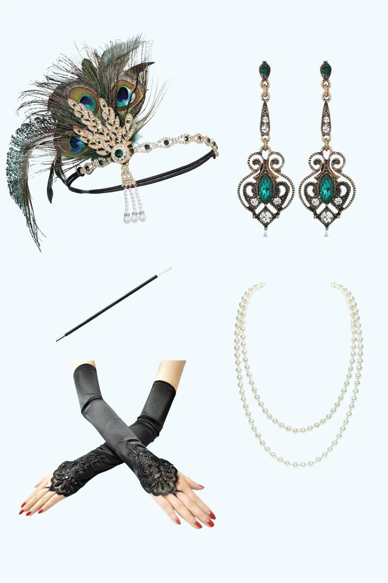 Load image into Gallery viewer, Sparkly Dark Green Beaded V-Neck Fringed Flapper Dress with 20s Accessories Set