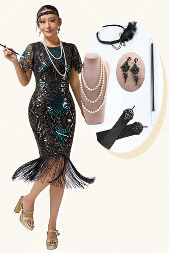 Sparkly Black Blue Sequins Fringed Flapper Dress with 20s Accessories Set