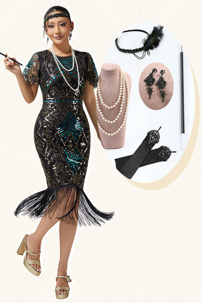 Sparkly Black Blue Sequins Fringed Flapper Dress with 20s Accessories Set