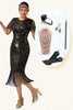 Load image into Gallery viewer, Sparkly Black Golden Fringed Beaded Flapper Dress with 20s Accessories Set