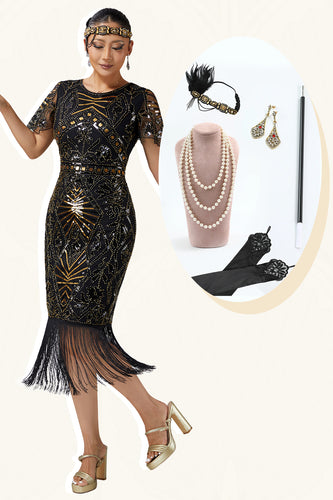 Sparkly Black Golden Fringed Beaded Flapper Dress with 20s Accessories Set