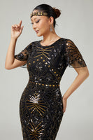 Load image into Gallery viewer, Sparkly Black Golden Fringed Beaded Flapper Dress with 20s Accessories Set