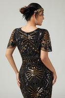 Load image into Gallery viewer, Sparkly Black Golden Fringed Beaded Flapper Dress with 20s Accessories Set