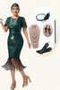 Load image into Gallery viewer, Sparkly Dark Green Fringed Bodycon Beaded Flapper Dress with 20s Accessories Set