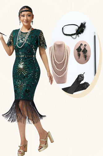 Sparkly Dark Green Fringed Bodycon Beaded Flapper Dress with 20s Accessories Set