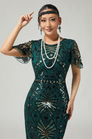 Load image into Gallery viewer, Sparkly Dark Green Fringed Bodycon Beaded Flapper Dress with 20s Accessories Set