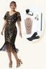 Load image into Gallery viewer, Sparkly Black Golden Sequins Bodycon V-Neck Flapper Dress with 20s Accessories Set