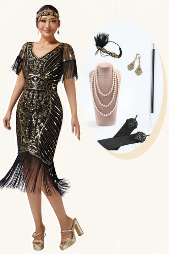Sparkly Black Golden Sequins Bodycon V-Neck Flapper Dress with 20s Accessories Set